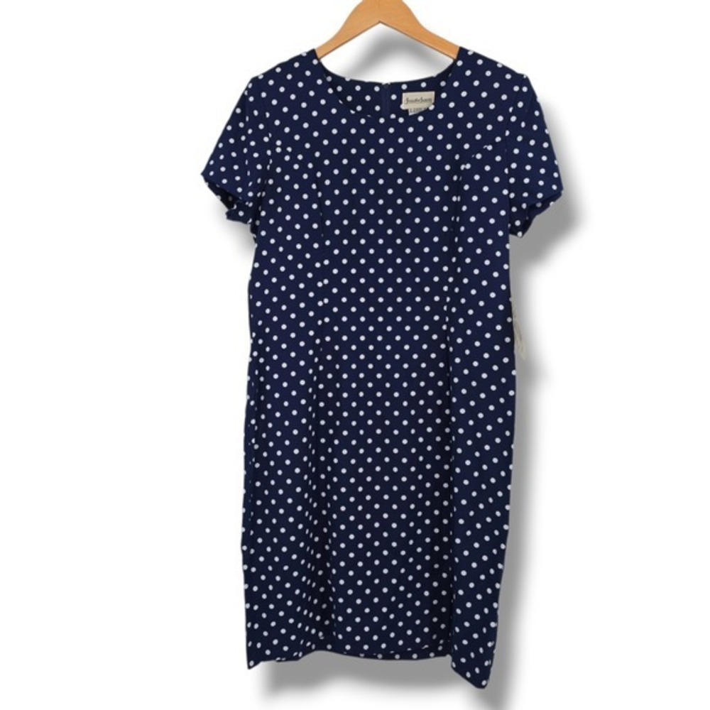 Jennifer James Navy Blue Polka Dot Short Sleeve Sheath Dress Size 14 NEW